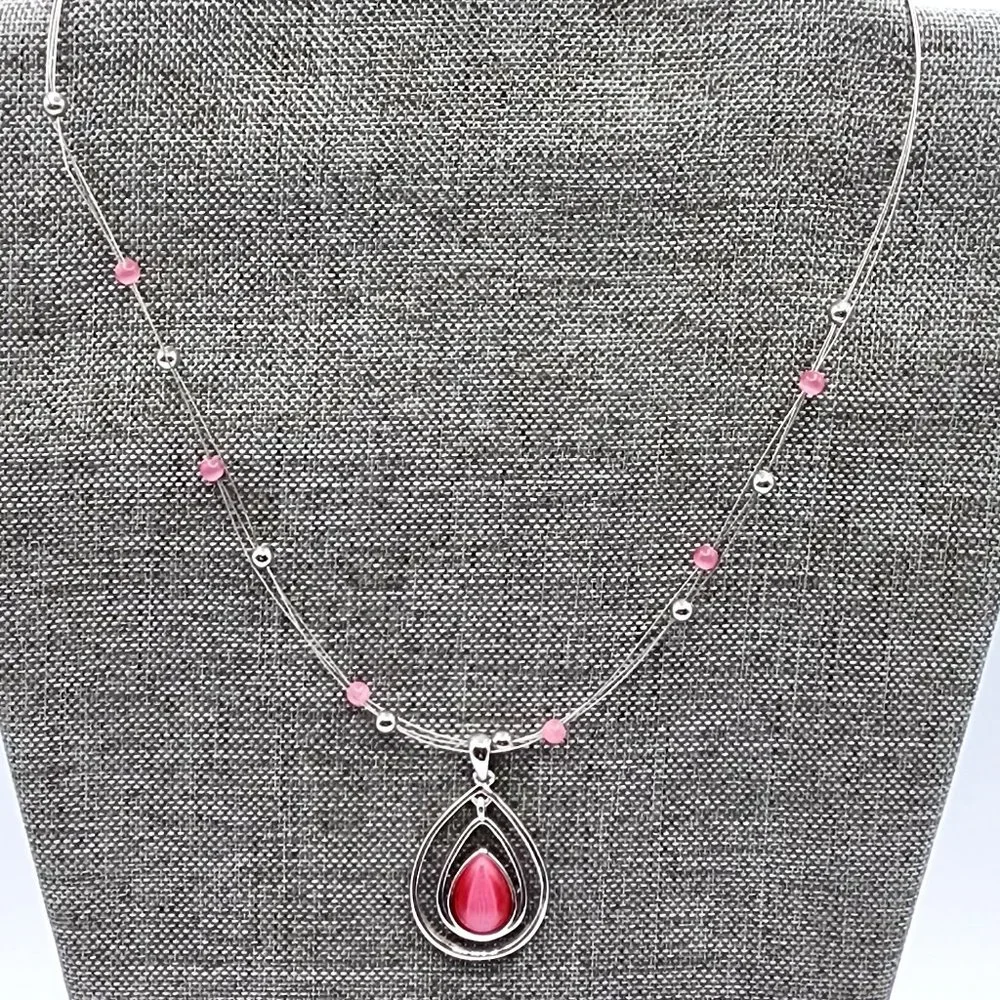 LIA SOPHIA COTTON CANDY Silver Pink Teardrop Floating Bead Signed Necklace